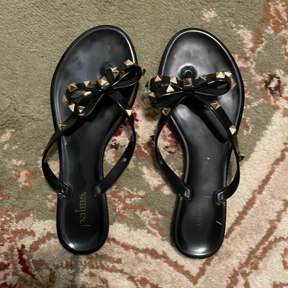 Studded Bow Flip Flops Jelly Sandals-Black size 6